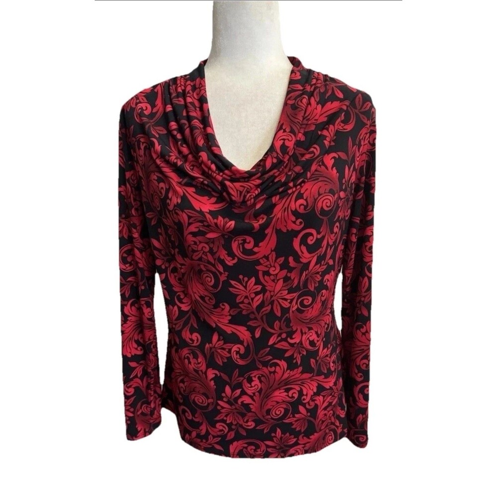 Vintage Y2K Peter Nygard Red Long Sleeved Blouse Cowl Neck Red/Black LG